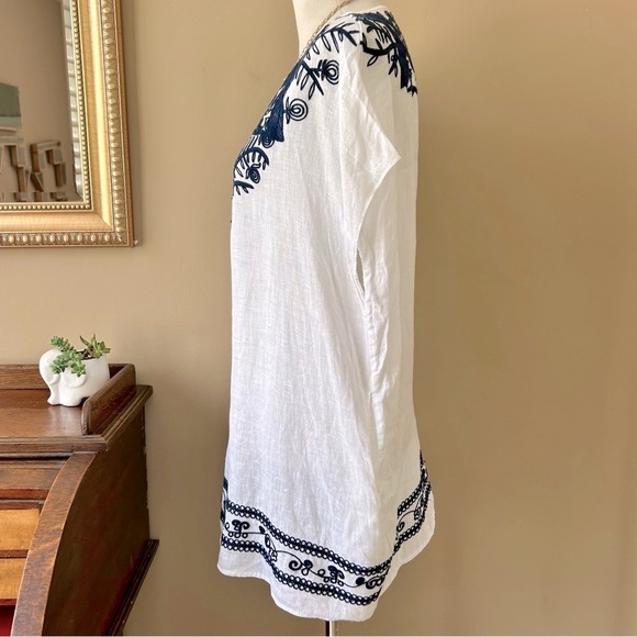 Tory Burch Embroidered Beach Caftan Cover-Up Mini Dress Navy Blue White Linen S - Picture 5 of 11